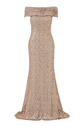 Sequin-Embellished Off-Shoulder Evening Gown