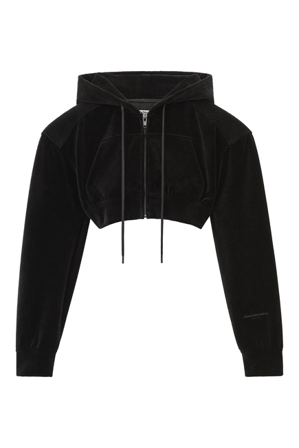 Velour Cropped Zip-Up Hoodie