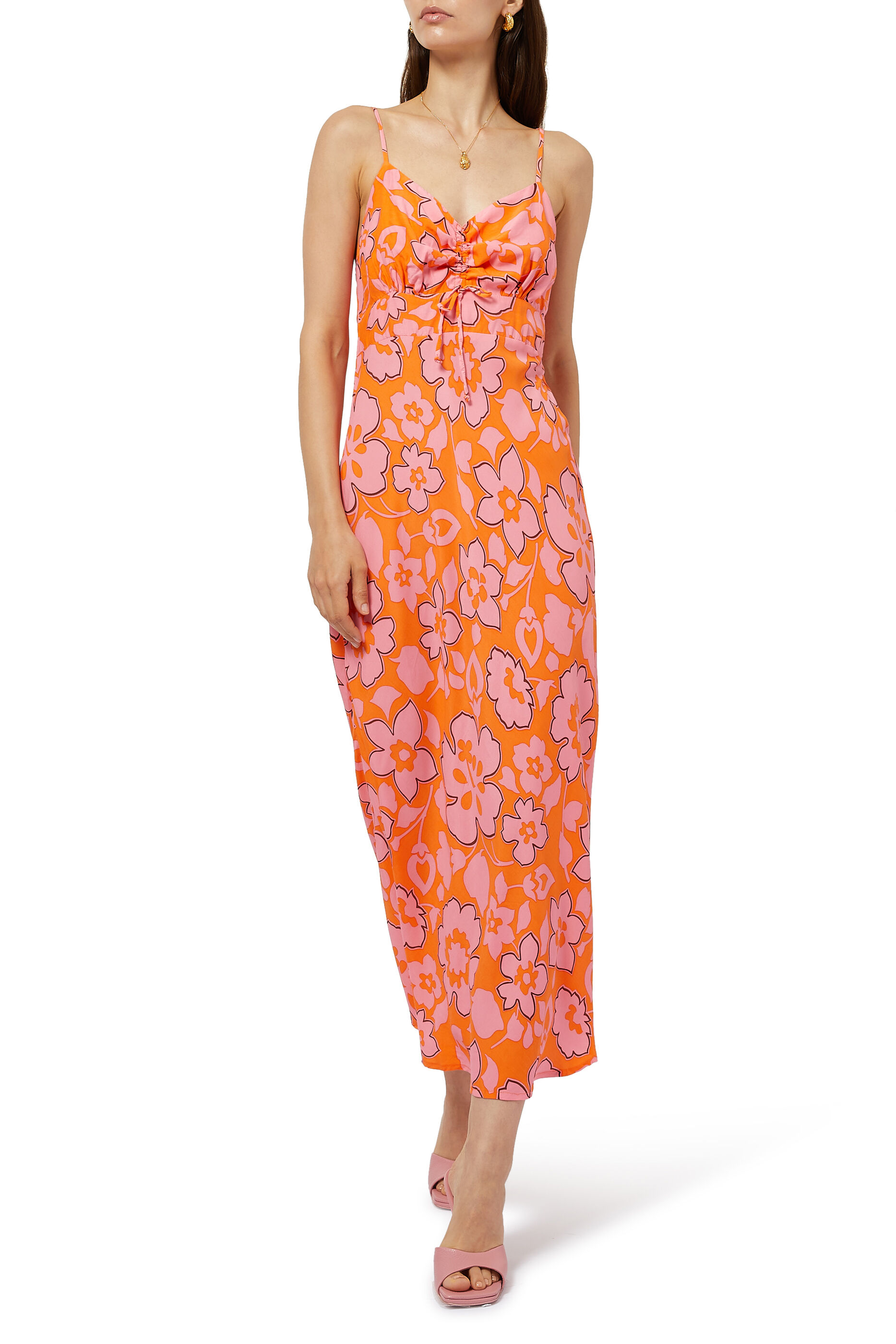 Red 1950s Inspired Halterneck Tropical Frangipani Print Dress  with 34 circle skirt pockets & shirring !
