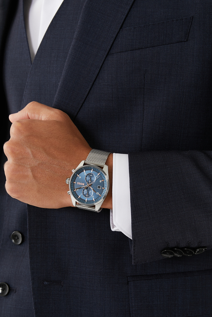 Mesh-Bracelet Chronograph Watch with Blue Dial
