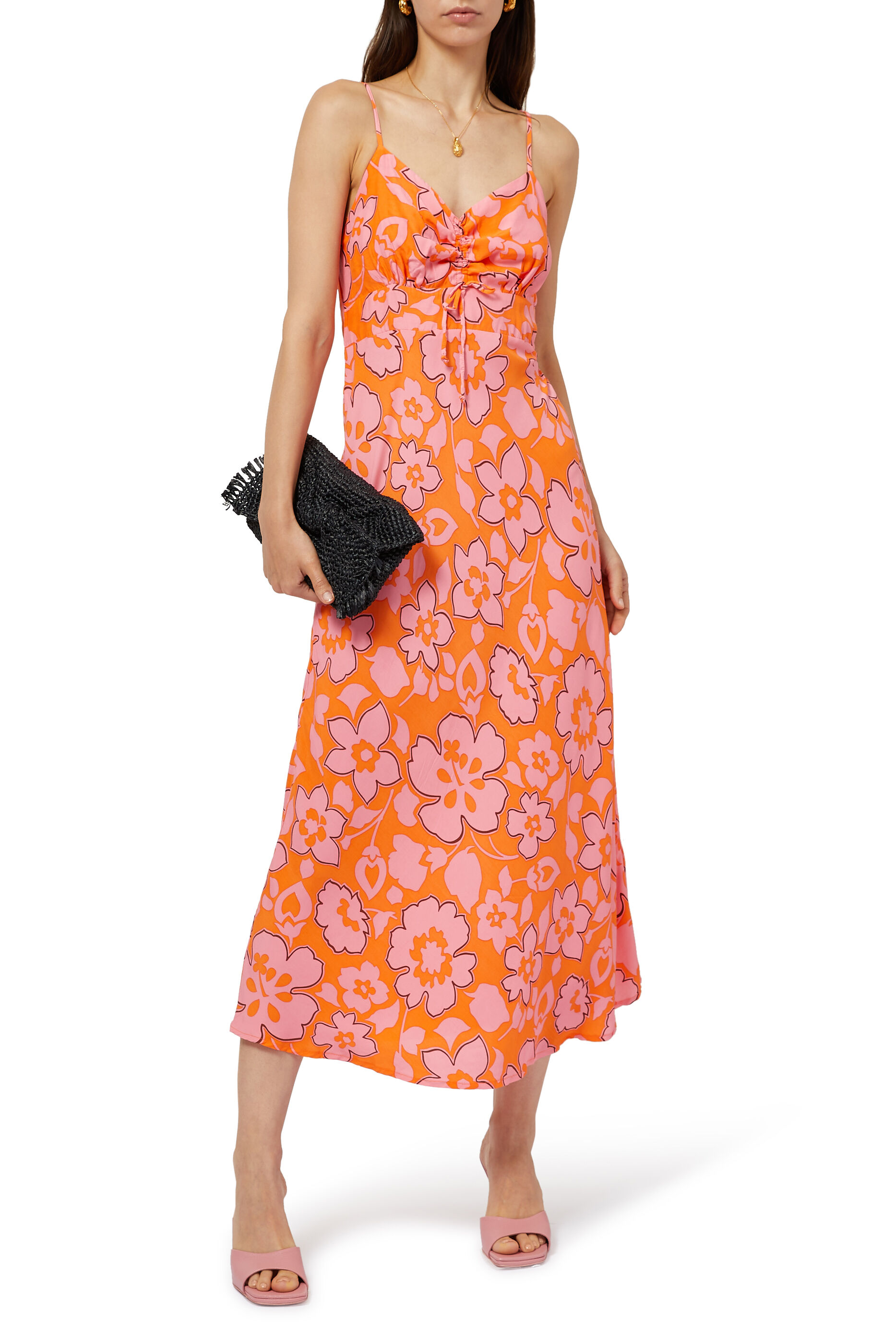 Red 1950s Inspired Halterneck Tropical Frangipani Print Dress  with 34 circle skirt pockets & shirring !