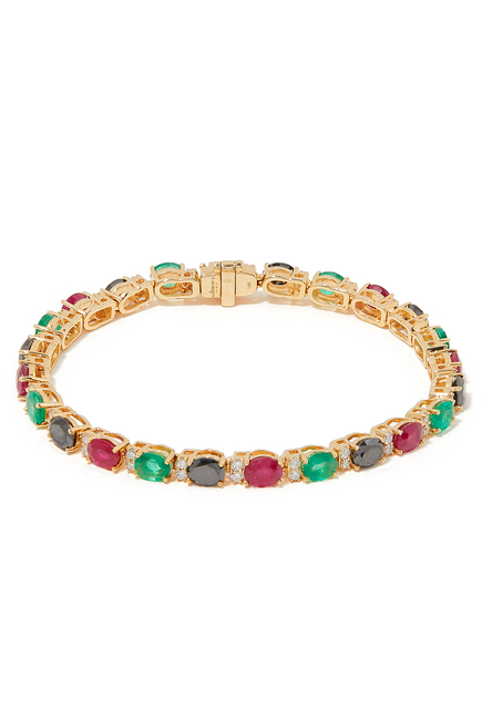 Tennis Bracelet, 14k Yellow Gold with Rubys, Blue Sapphires, Emeralds & Diamonds