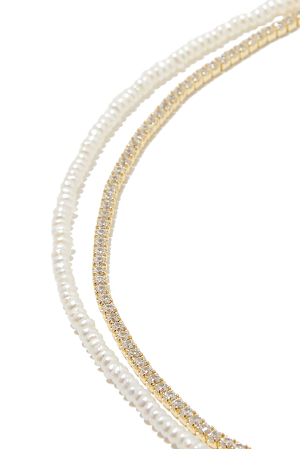 Cubic Zirconia and Pearl Double-Strand Necklace, 18k Vermeil-Plated Sterling Silver,