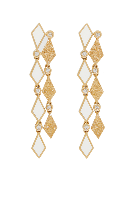 Mosaic Drop Long Earrings, 18K Yellow Gold , Diamonds and Enamel