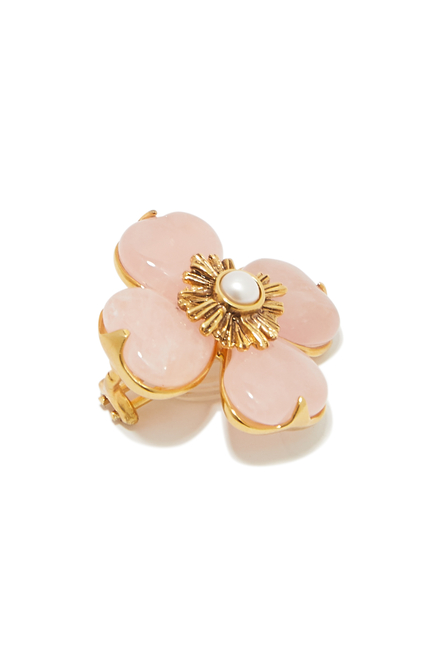 Trefle Clover Clip-On Earrings, 24k Gold-Plated Brass with Pearl & Pink Quartz