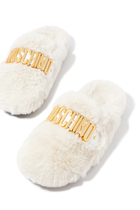 Kids Lettering Logo Soft Fur Slip-on Sliders