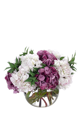 White & Purple Hydrangea in Glass Vase