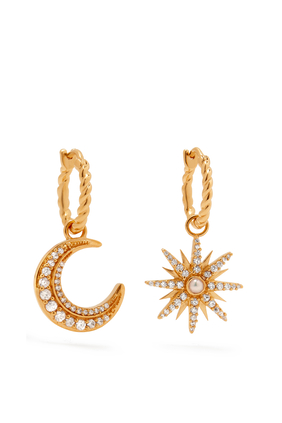 Harris Reed Moon And Star Earrings, 18k Yellow Gold-Plated Brass with Cubic Zirconia & Pearl