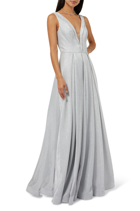 Pleated V-Neck Gown