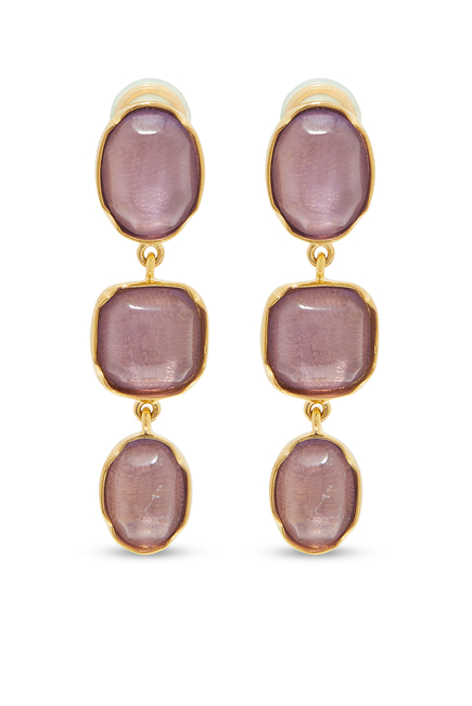 Three Cabochons Clip-On Earrings, 24k Gold-Plated Brass & Quartz