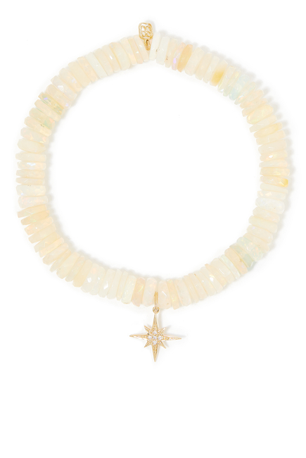 Small Starburst Charm on Ethiopian Opal Beaded Bracelet, 14K Yellow Gold and Diamonds