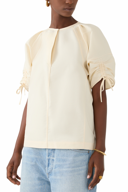 Gathered Sleeve Band Collar Top