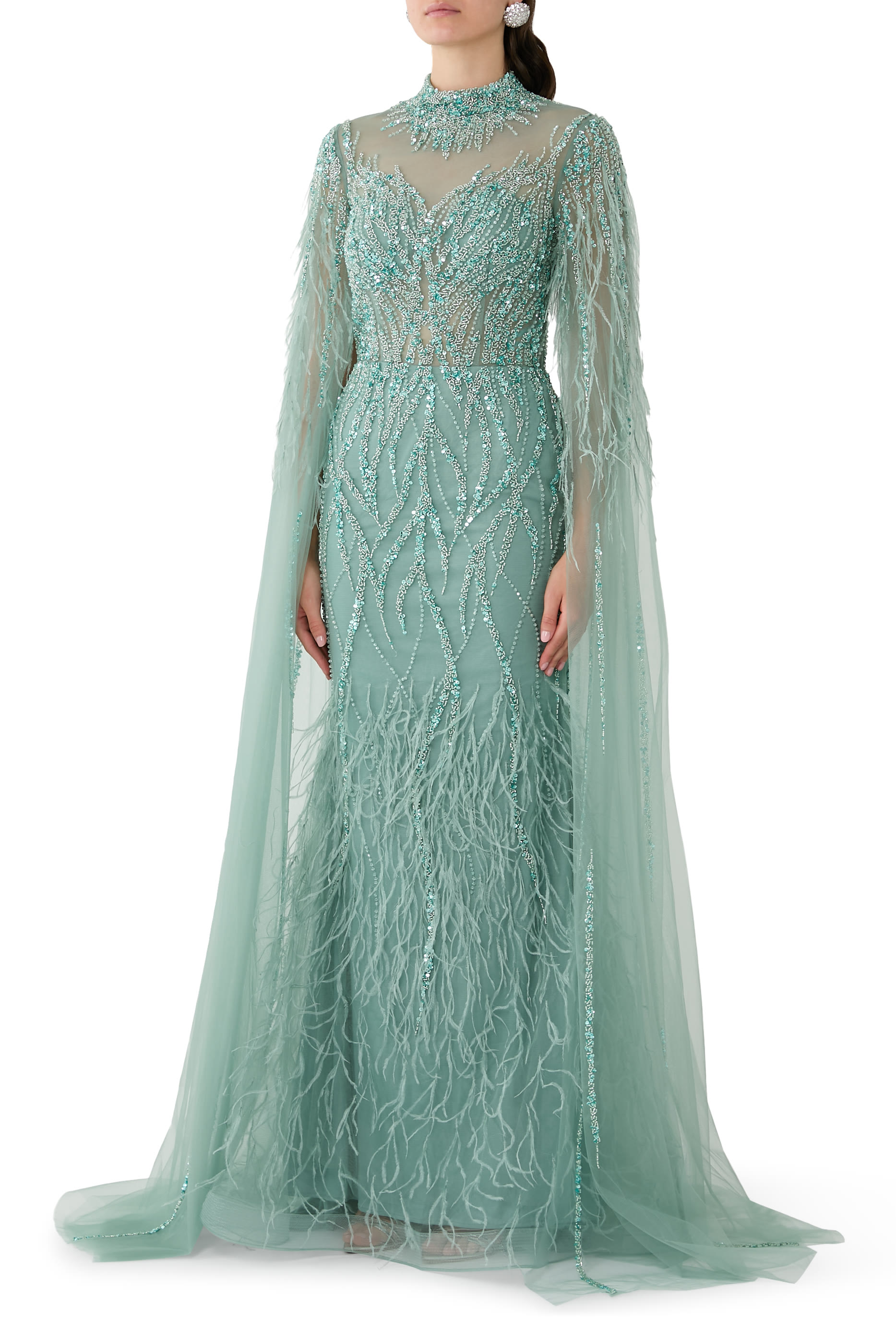 Beaded Caplet Tulle Evening Gown