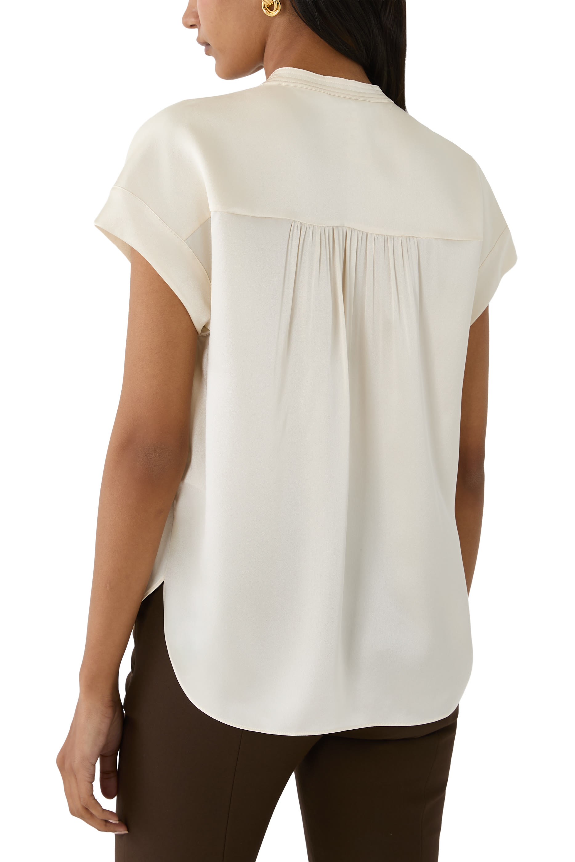 Silk Gathered Cap-Sleeve Blouse 