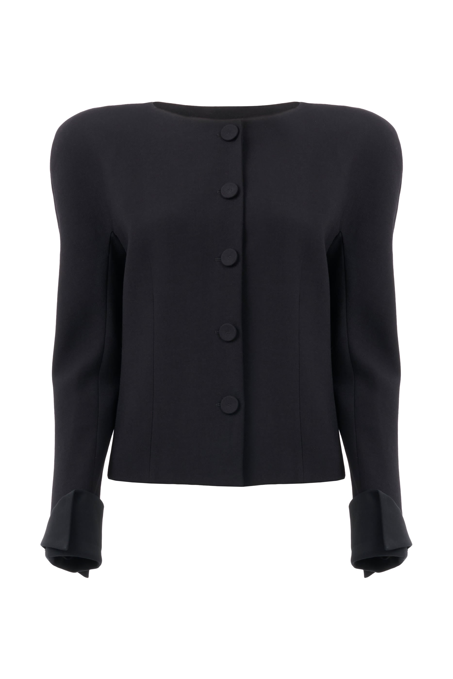 Collarless Fitted Jacket in Wool Cr&ecirc;pe 