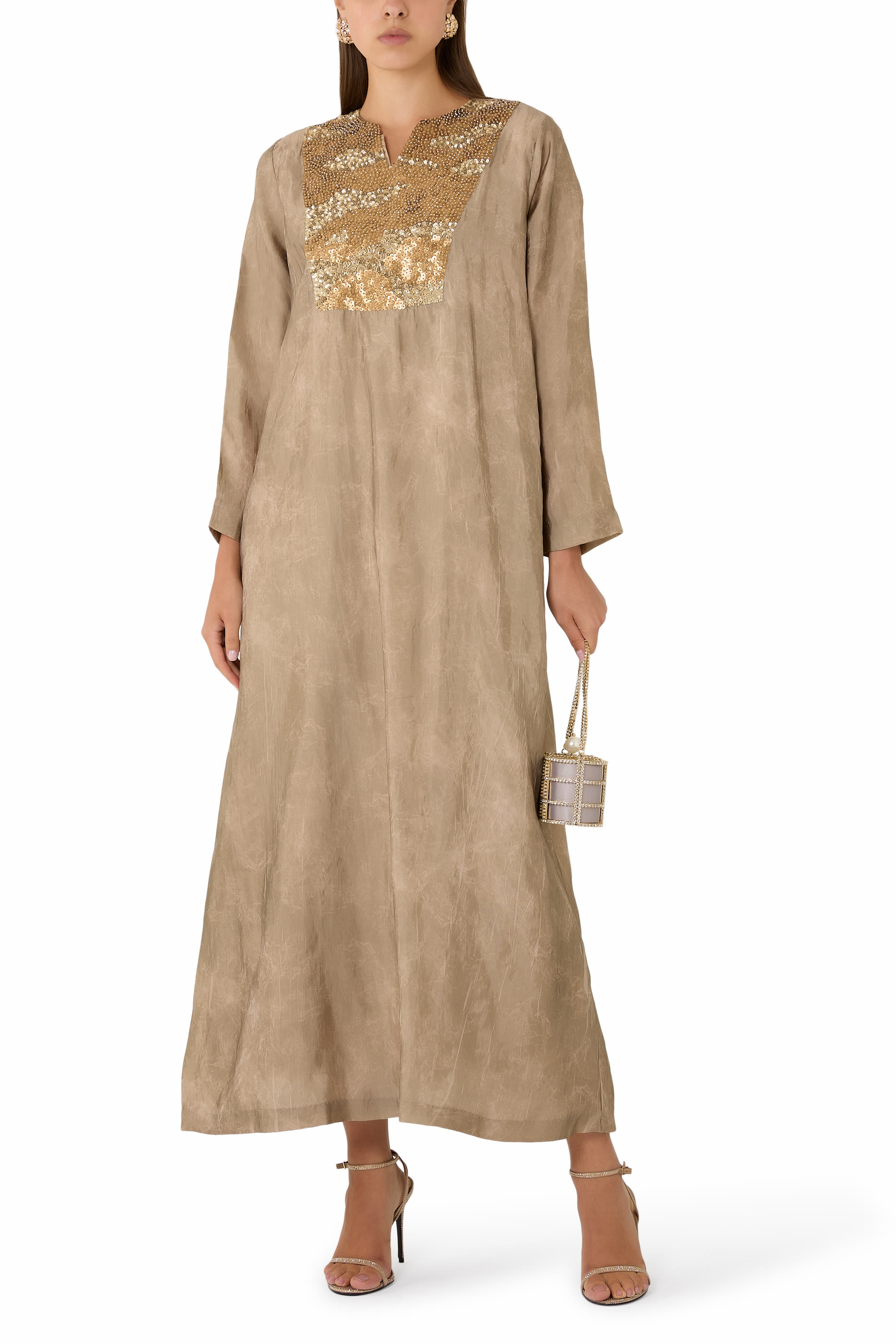 Sequin Embellished Split Neck Dress with Inner Dress 