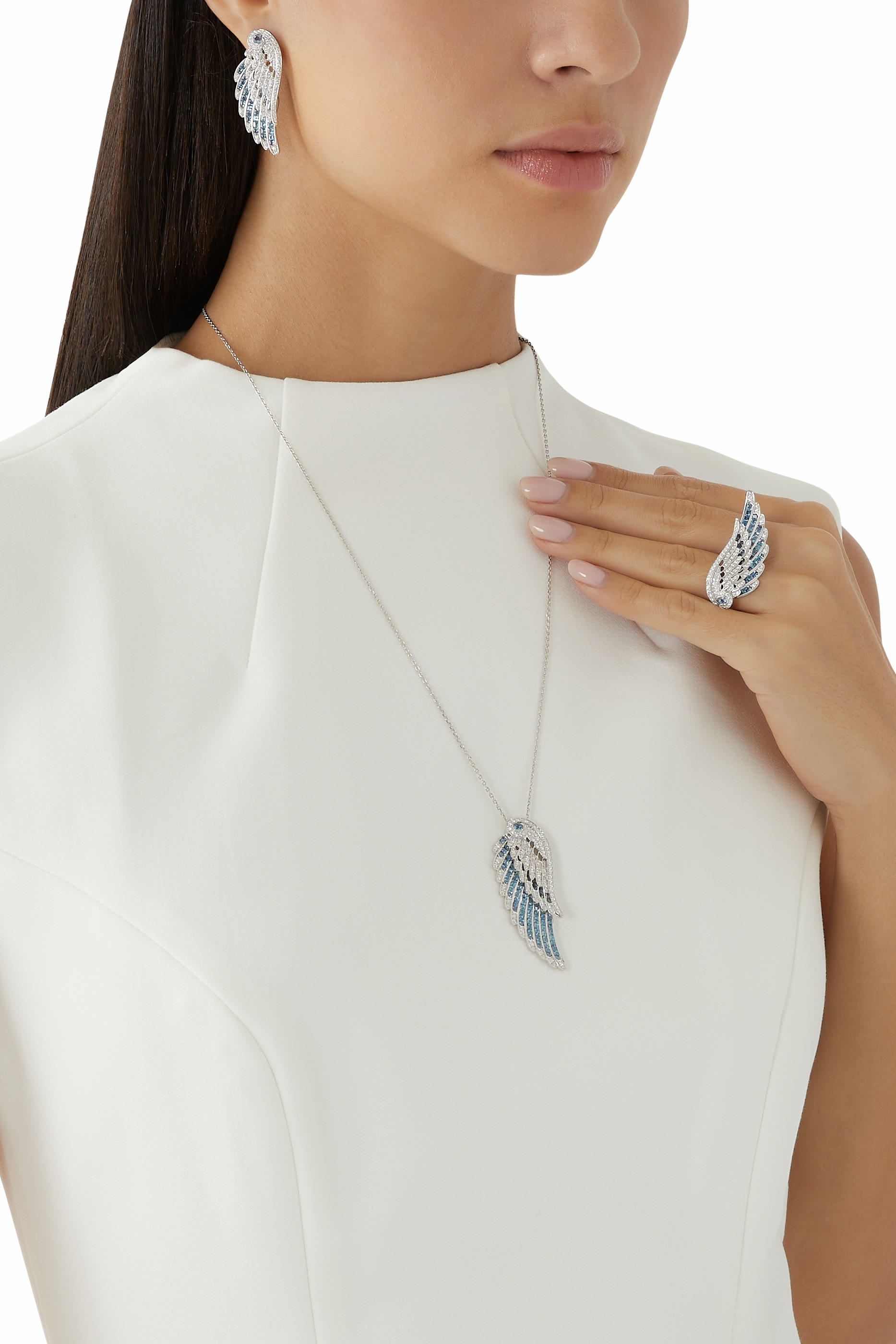 Wings Embrace Ring, 18K White Gold with Aquamarines & Diamonds