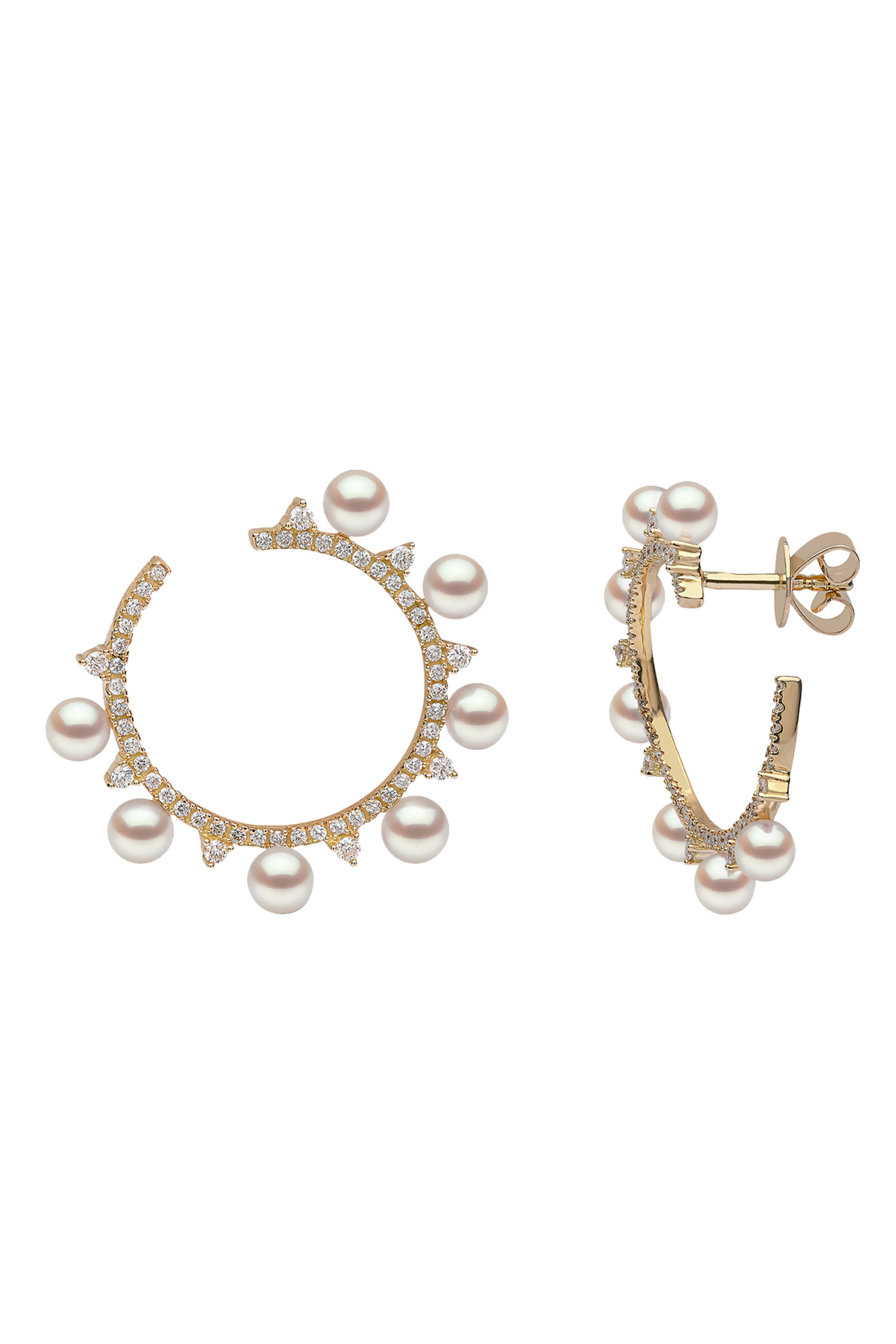 Sleek Spiked Hoop Earrings, 18k Yellow Gold with Akoya Pearls & Diamonds