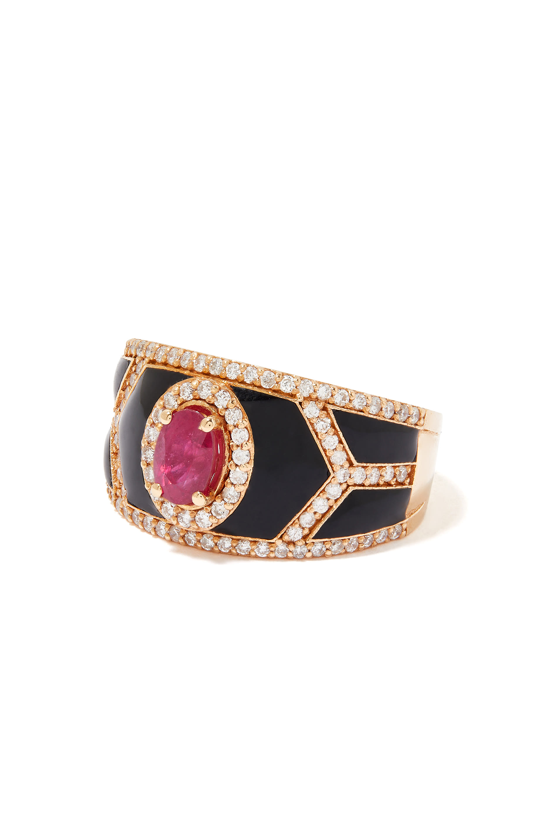 Shield Ring, 18k Rose Gold with Enamel, Diamonds & Ruby