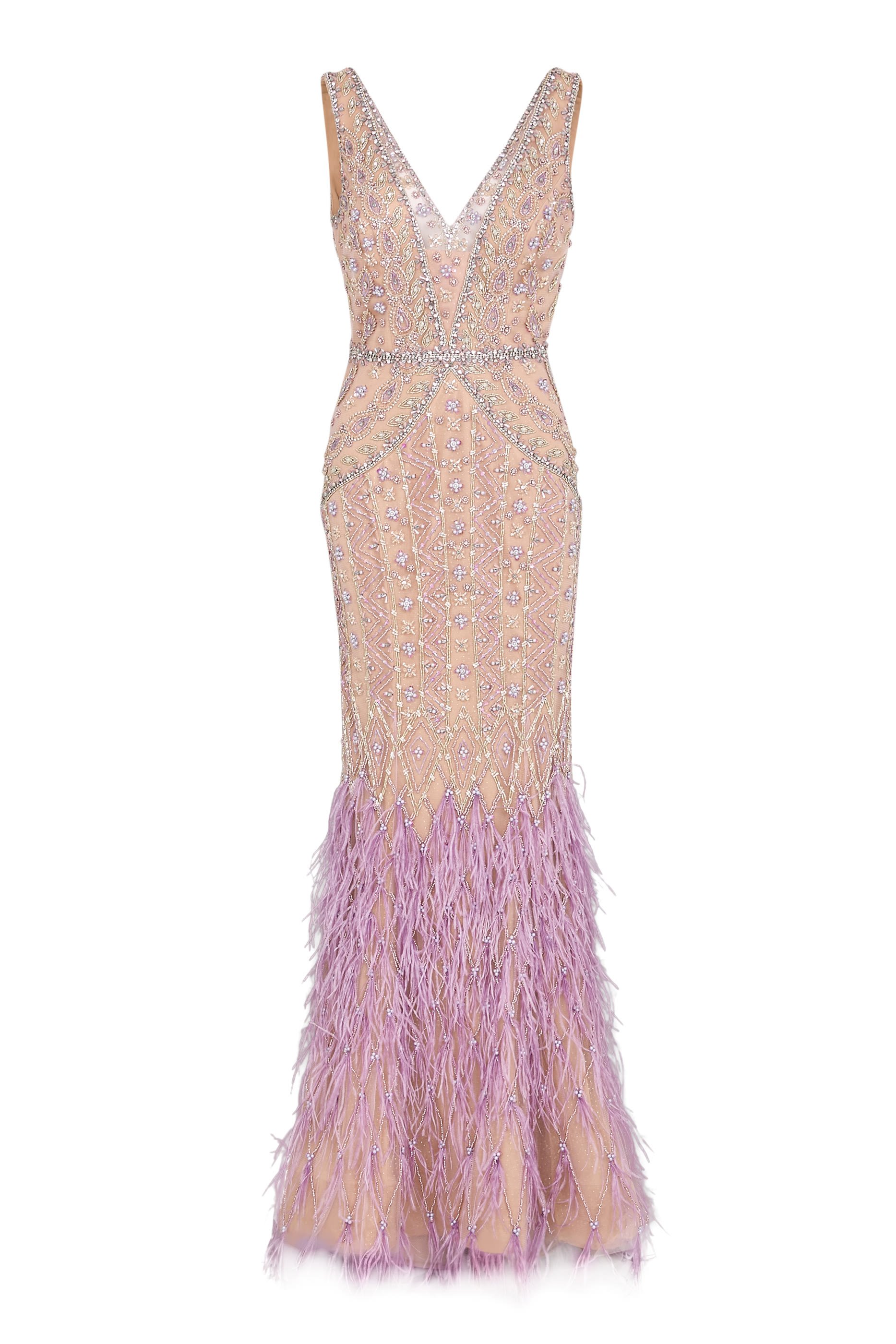 Feather Trim Embellished Evening Dress