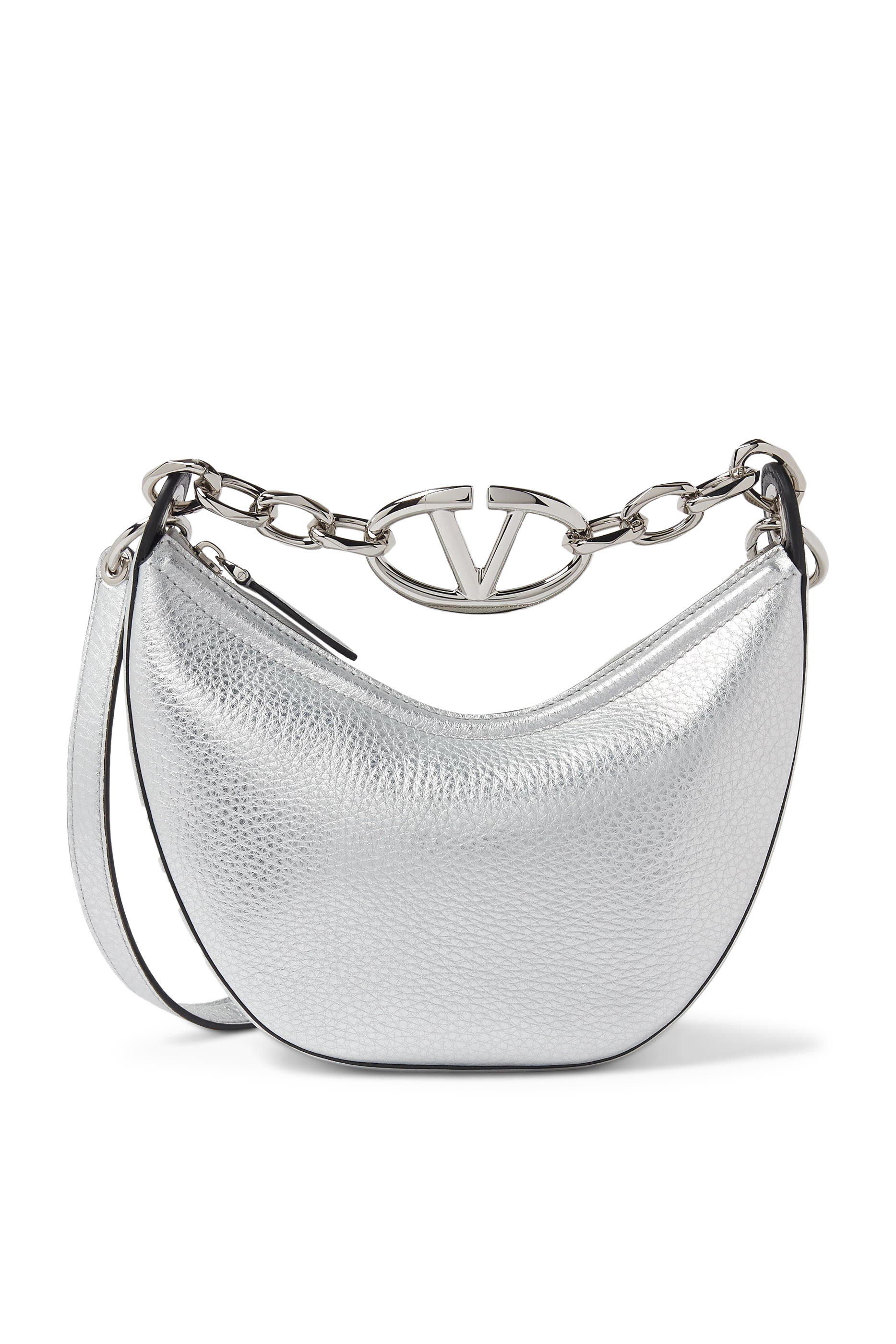VLogo Metallic Grainy Calfskin Moon Mini Hobo Bag with Chain