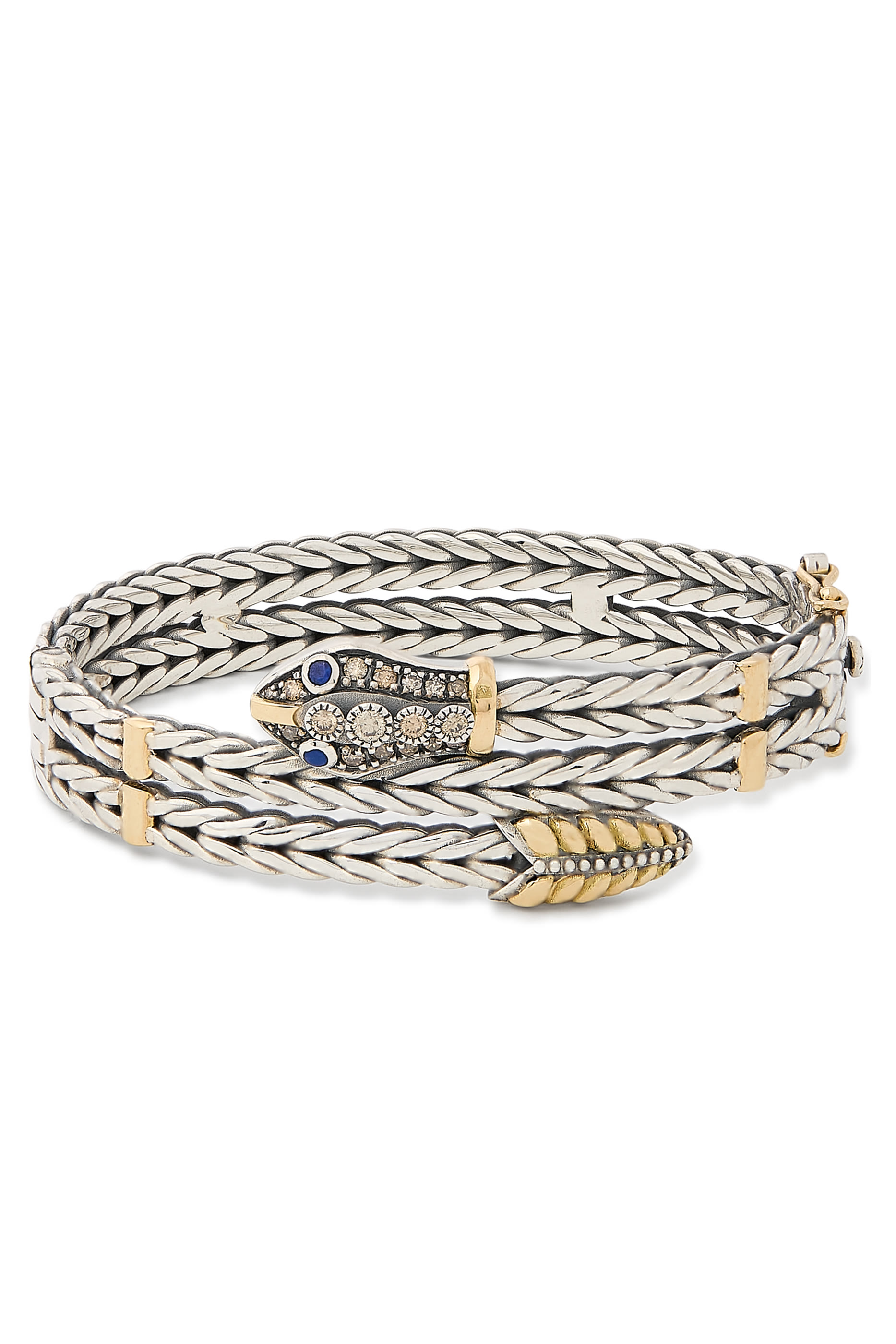 Roman Chain Snake Bangle, 18K Yellow Gold with Sterling Silver & Lapis