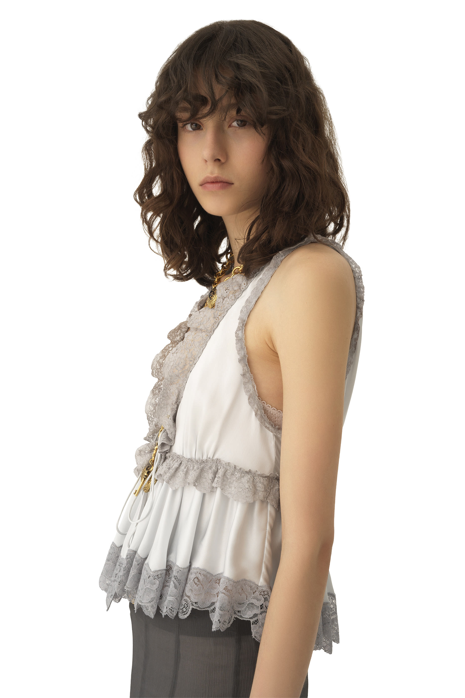  Tie-Front Sleeveless Top in Washed Silk Satin & Lace