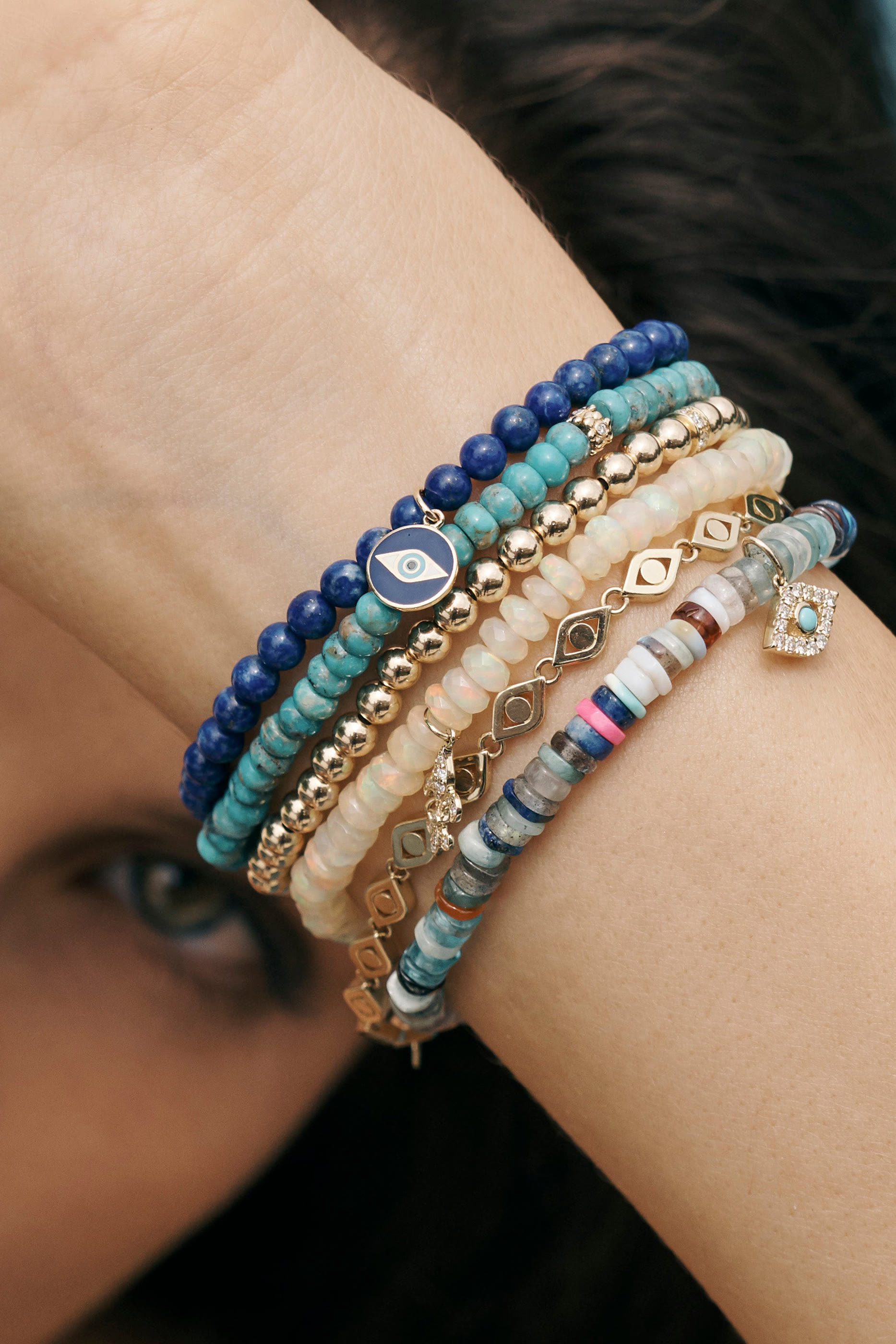 Evil Eye Pendant Heishi Beaded Bracelet, 14K Yellow Gold & Diamonds