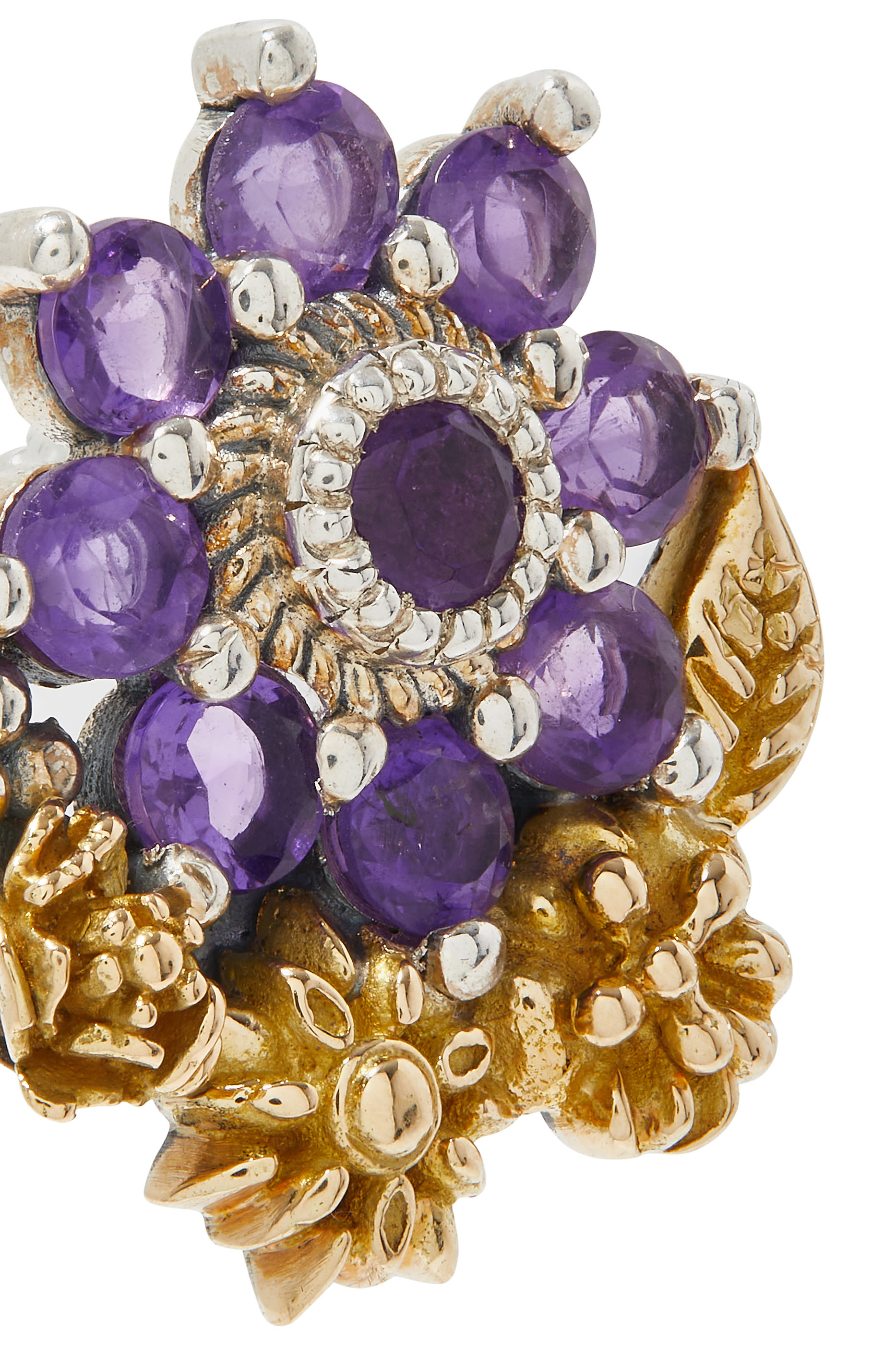 Mismatched Floral Earrings, Sterling Silver, 18K Yellow Gold & Amethyst