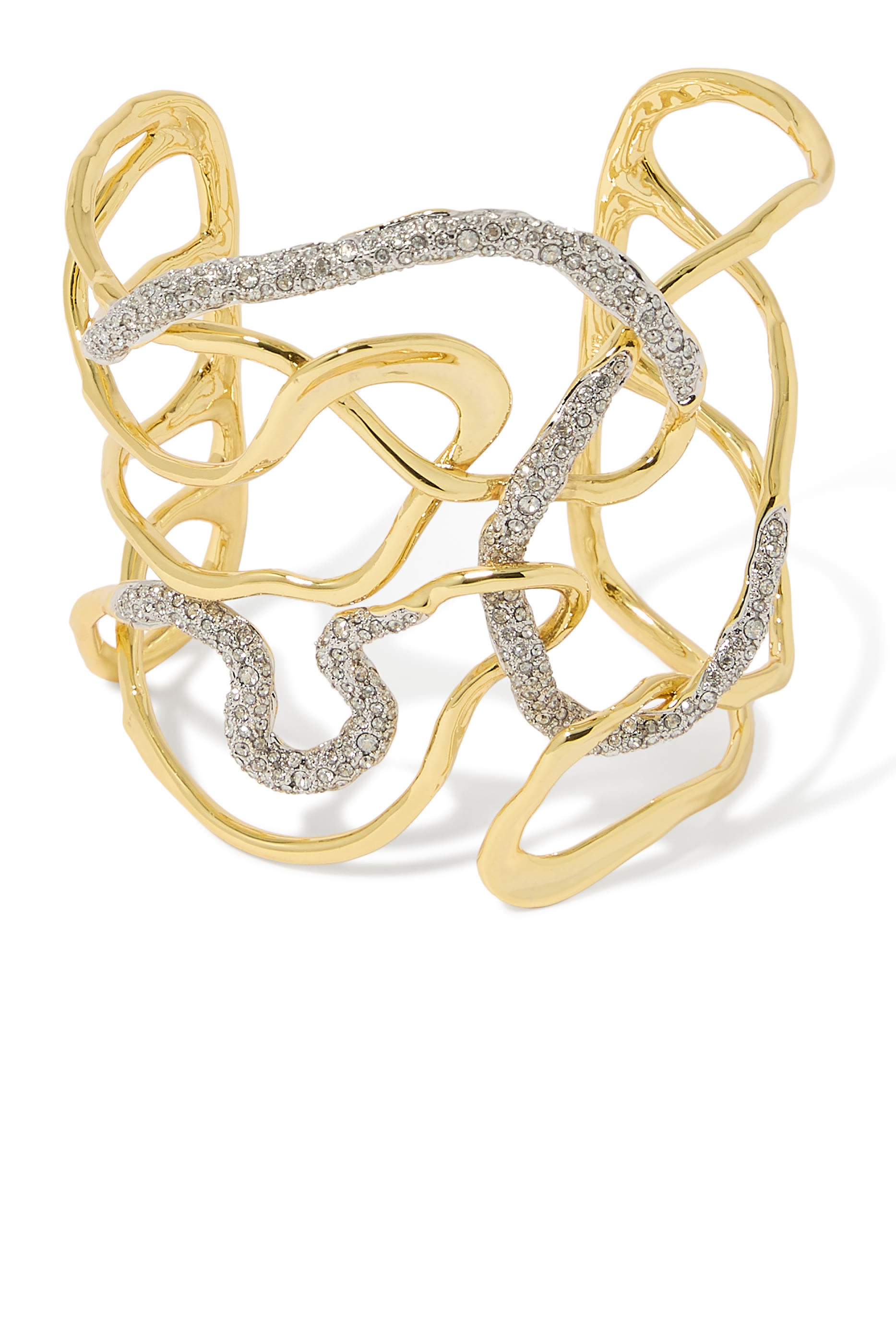 Solanales Crystal Intertwined Cuff Bracelet, 14k Gold Plated Brass with Rhodium Tone Plated Brass & Crystal