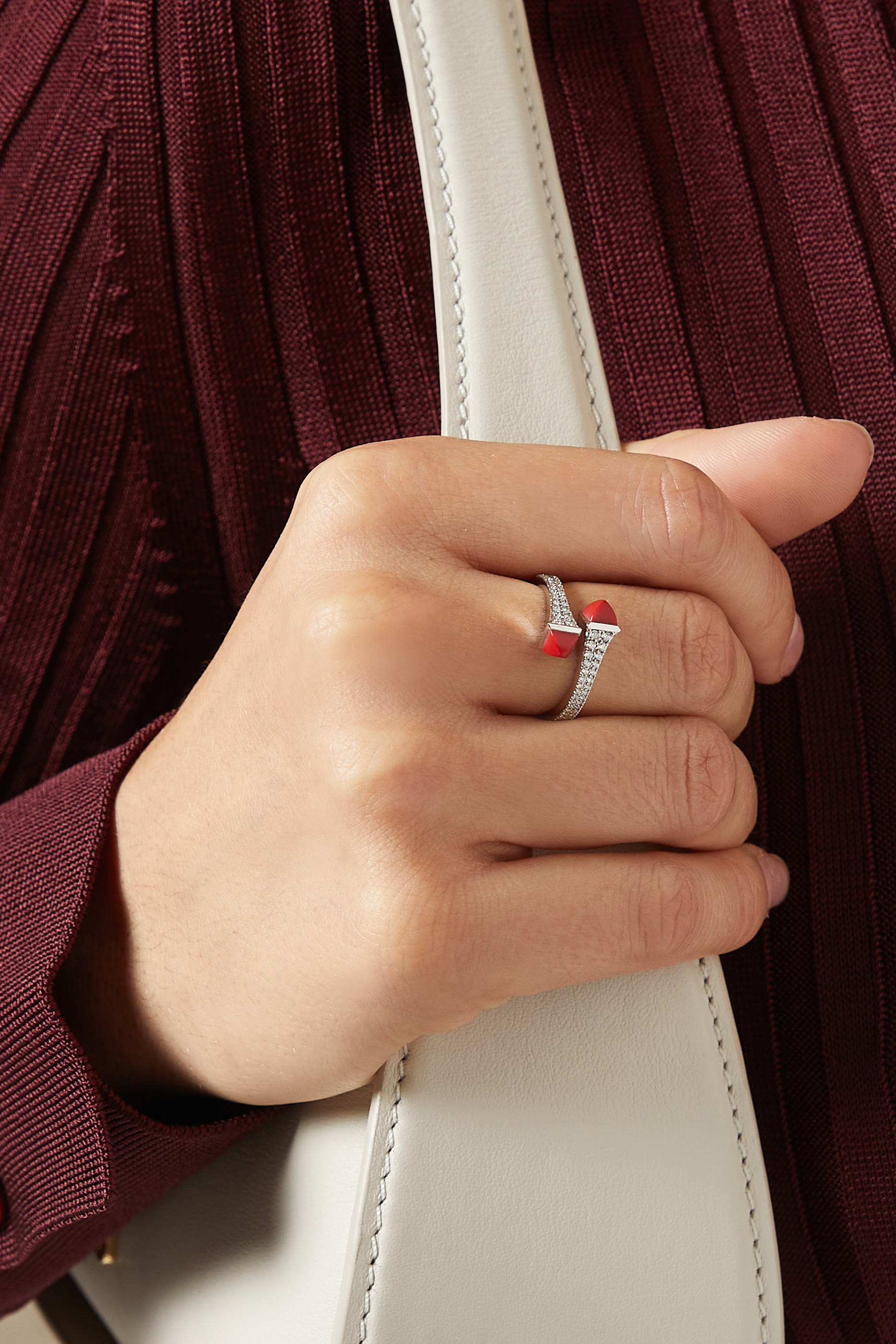 Cleo Slim Ring, 18k White Gold Red Coral & Diamonds