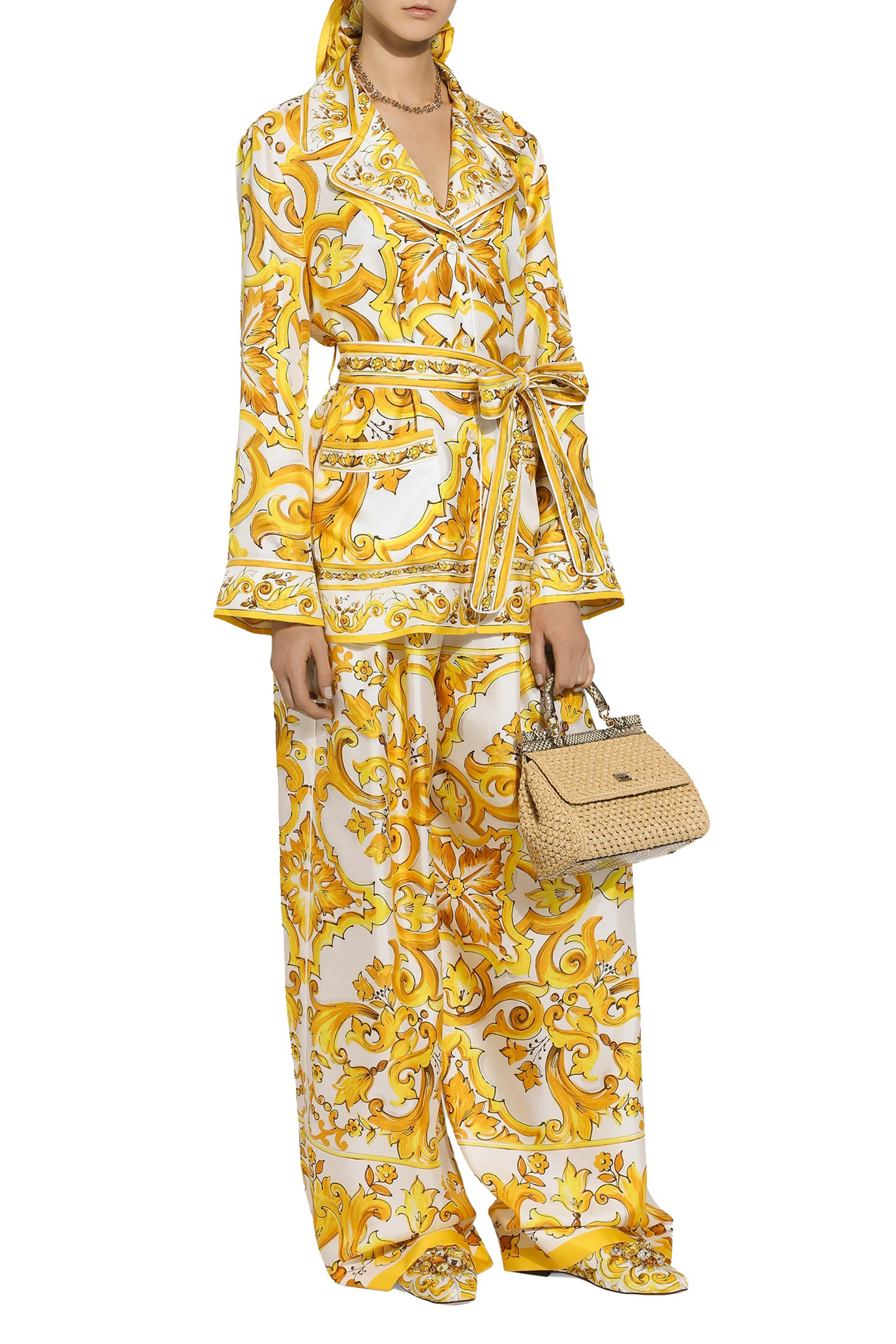 Majolica-Print Silk Twill Pants