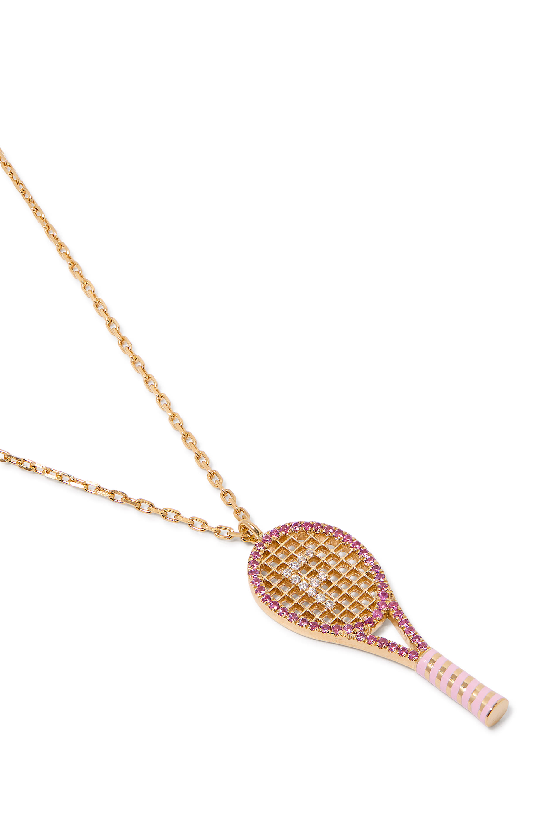 Letter 'F' Tennis Racket Necklace,  18K Yellow Gold with Diamonds & Sapphires