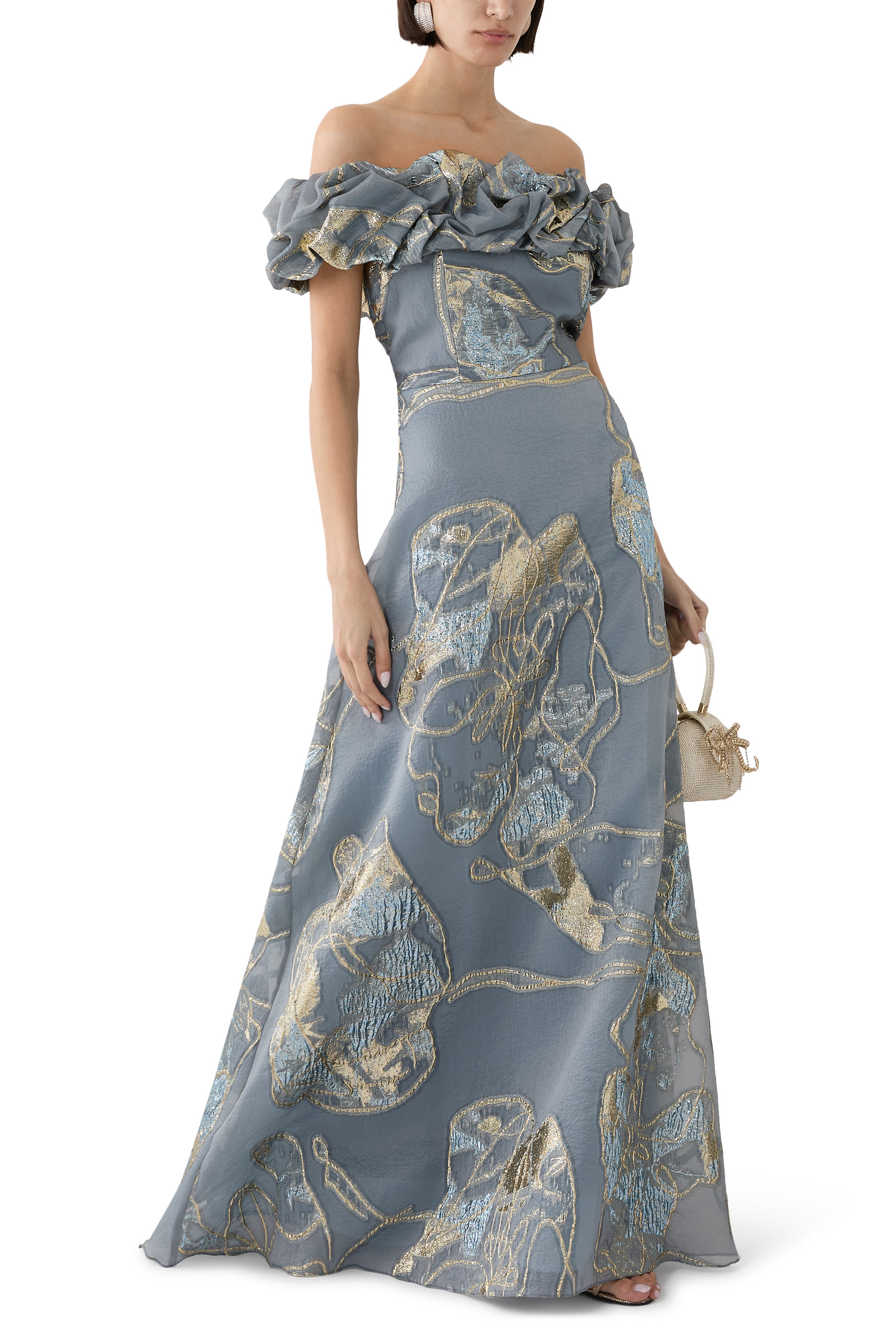 Jacquard Scrunch Bodice Off Shoulder Gown