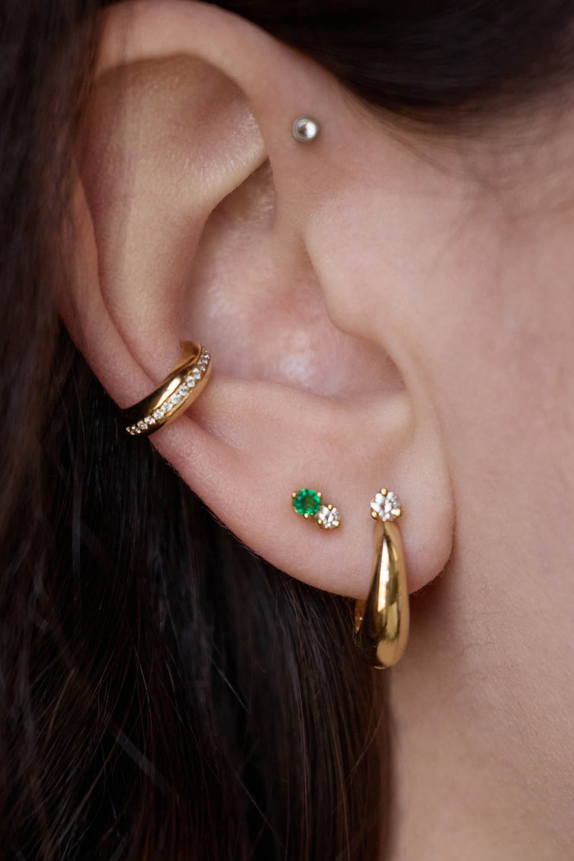  Prong Tapered Dome Hinge Hoops, 14K Gold, Diamonds