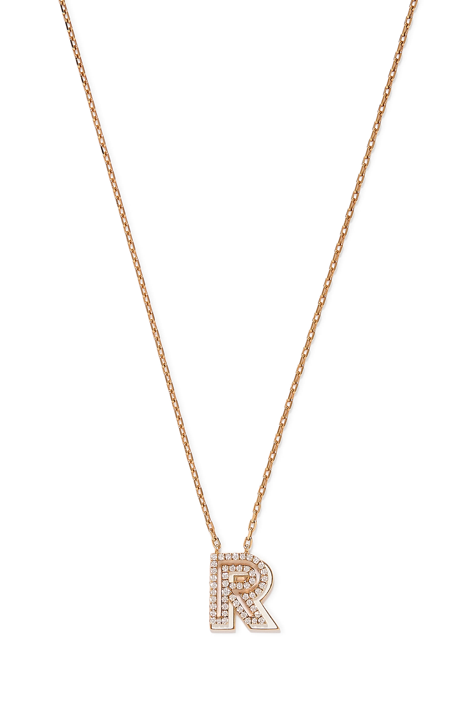 Letter R Silhouette Necklace, 18k Yellow Gold with Diamonds