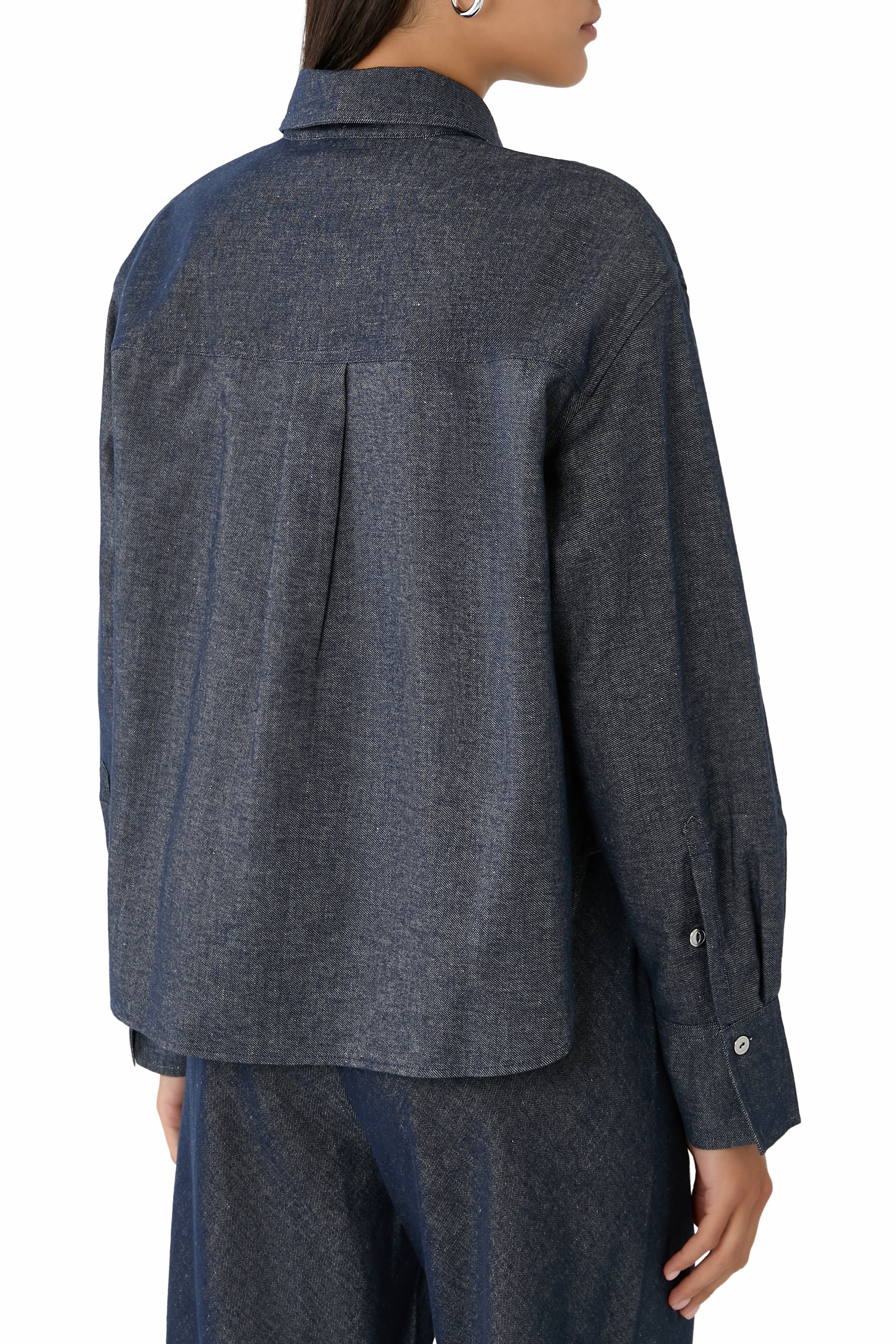  Cotton-Linen Chambray Cropped Button-Front Shirt