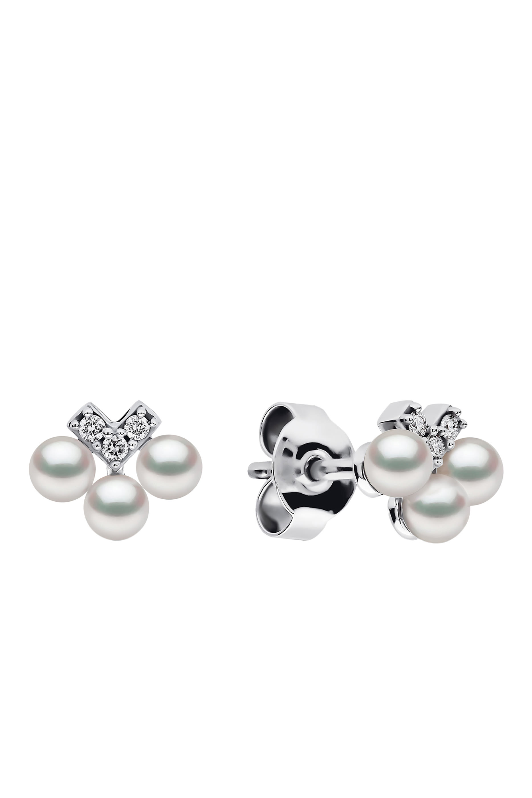 Sleek V-Shape Earrings, 18k White Gold with Akoya Pearls & Diamonds