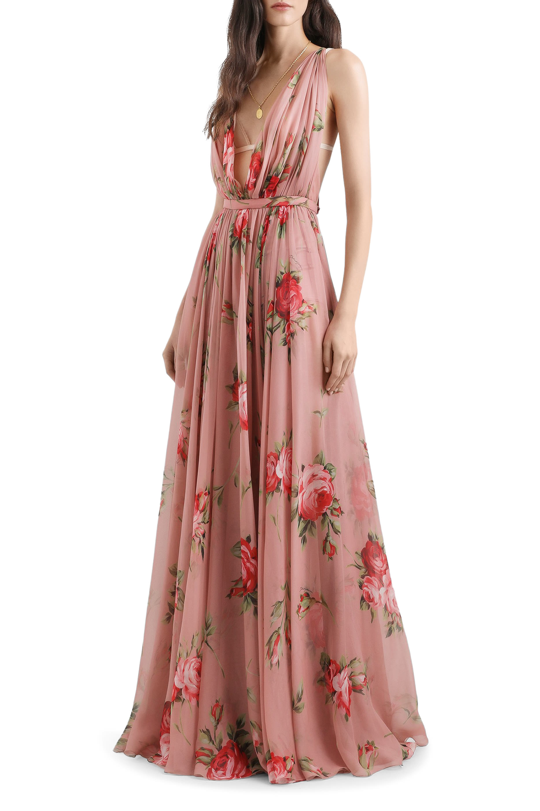 Rose Bouquet-Print Chiffon Dress