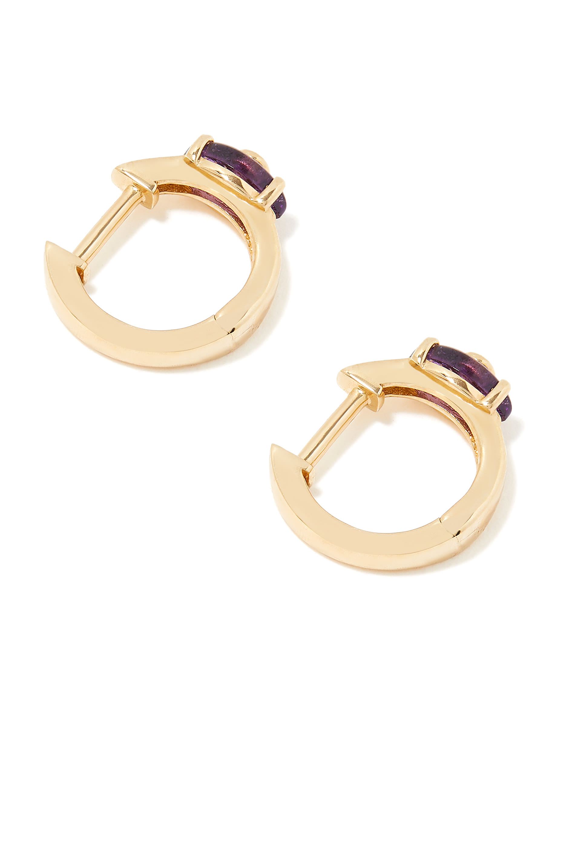 Tiny Carved Stone Huggie Earrings, 14k Yellow Gold, Amethyst & Diamond