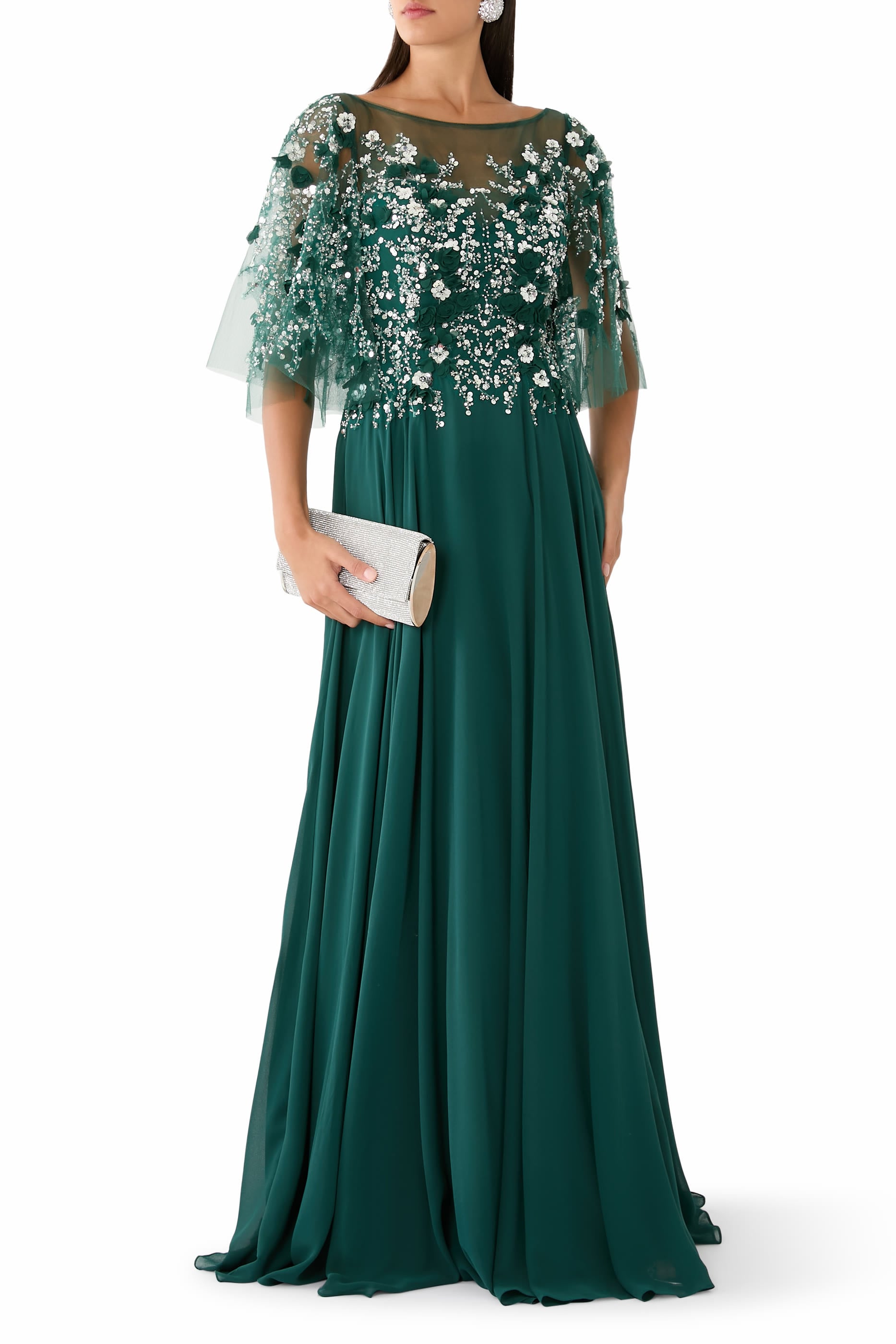 Sequin Embellished Cape Gown