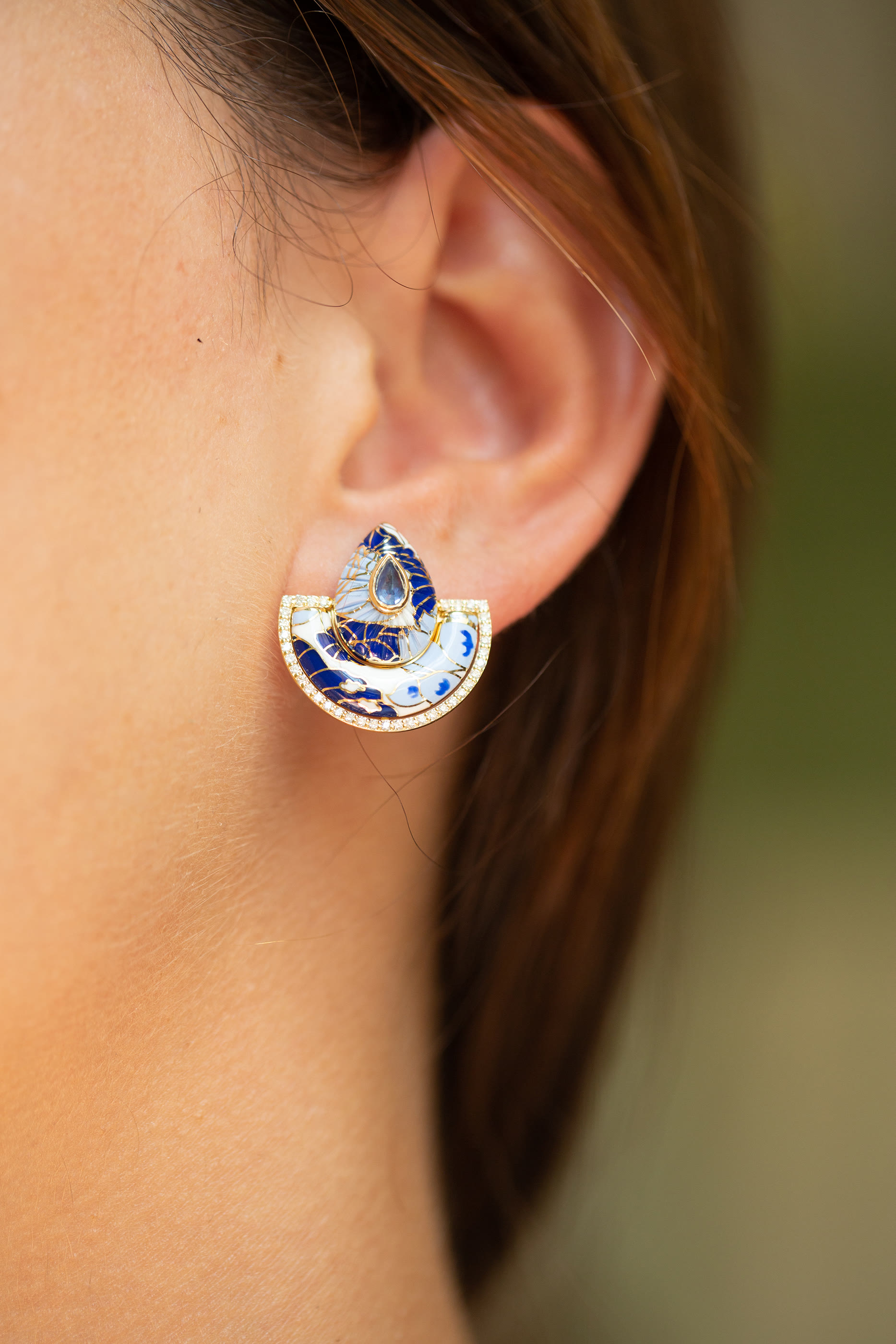 Bond Street Chinoiserie Fan Small Earrings, 18k Yellow Gold with Diamonds