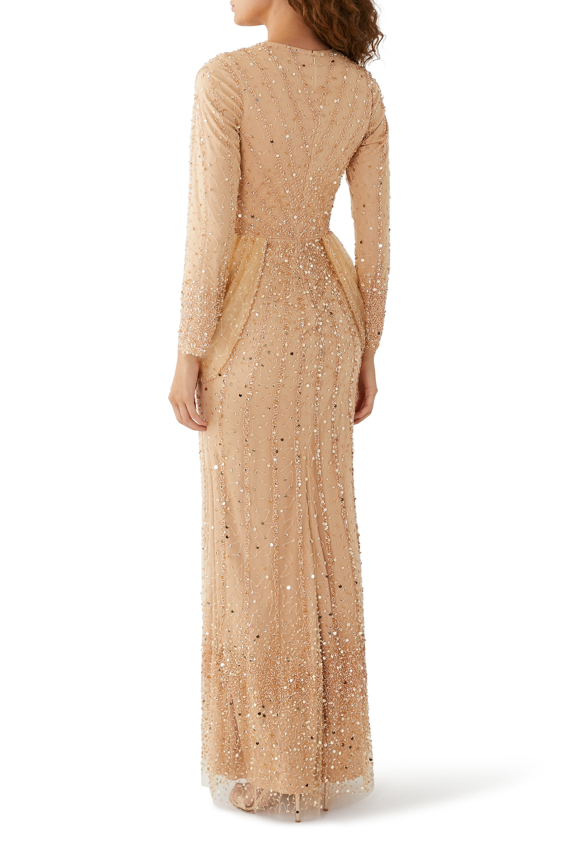 Sequin-Embellished Long Sleeves Gown