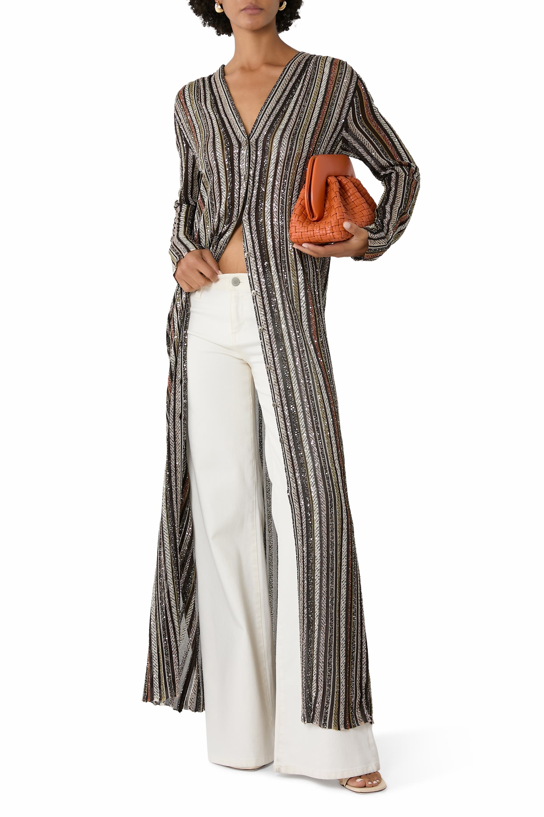  Long Cardigan in Herringbone Stripe Knit