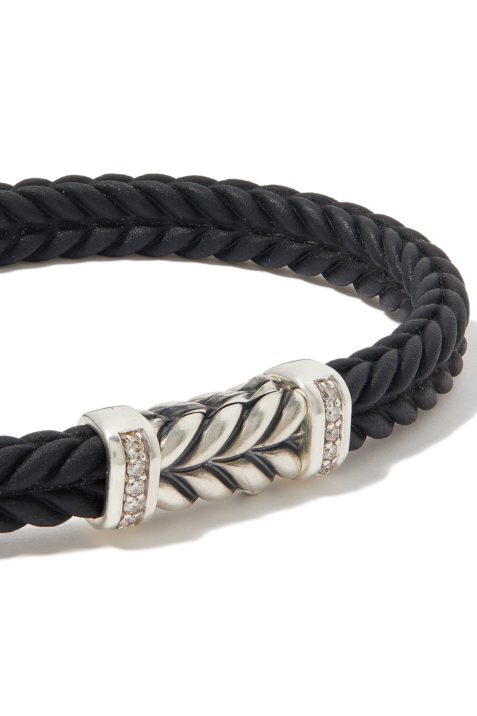 Chevron Woven Rubber Bracelet , Sterling Silver & Pav&eacute;-set Black Diamonds