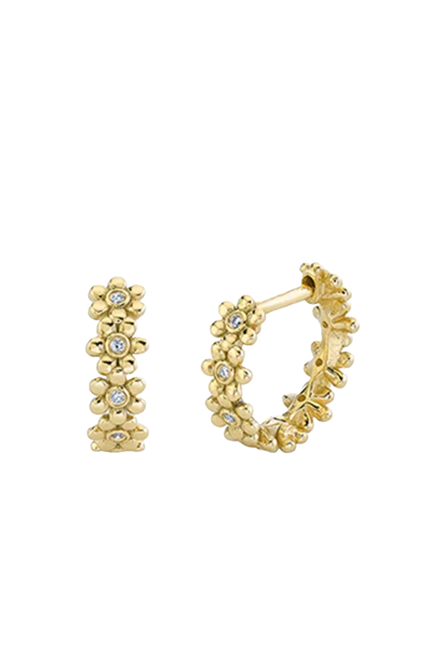 Tiny Daisy Huggie Hoops, 14k Yellow Gold & Diamonds