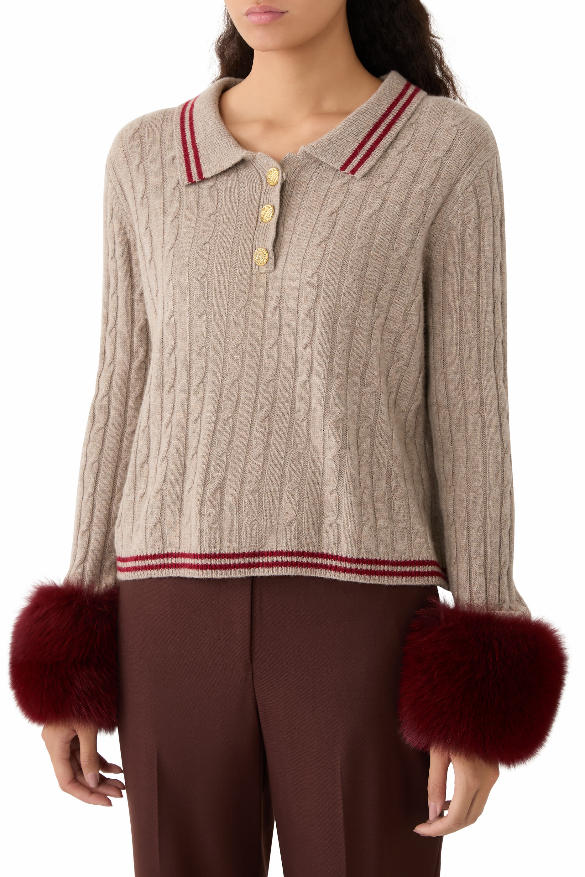 Stripe Detailed Cable Knit Sweater with Cuffs