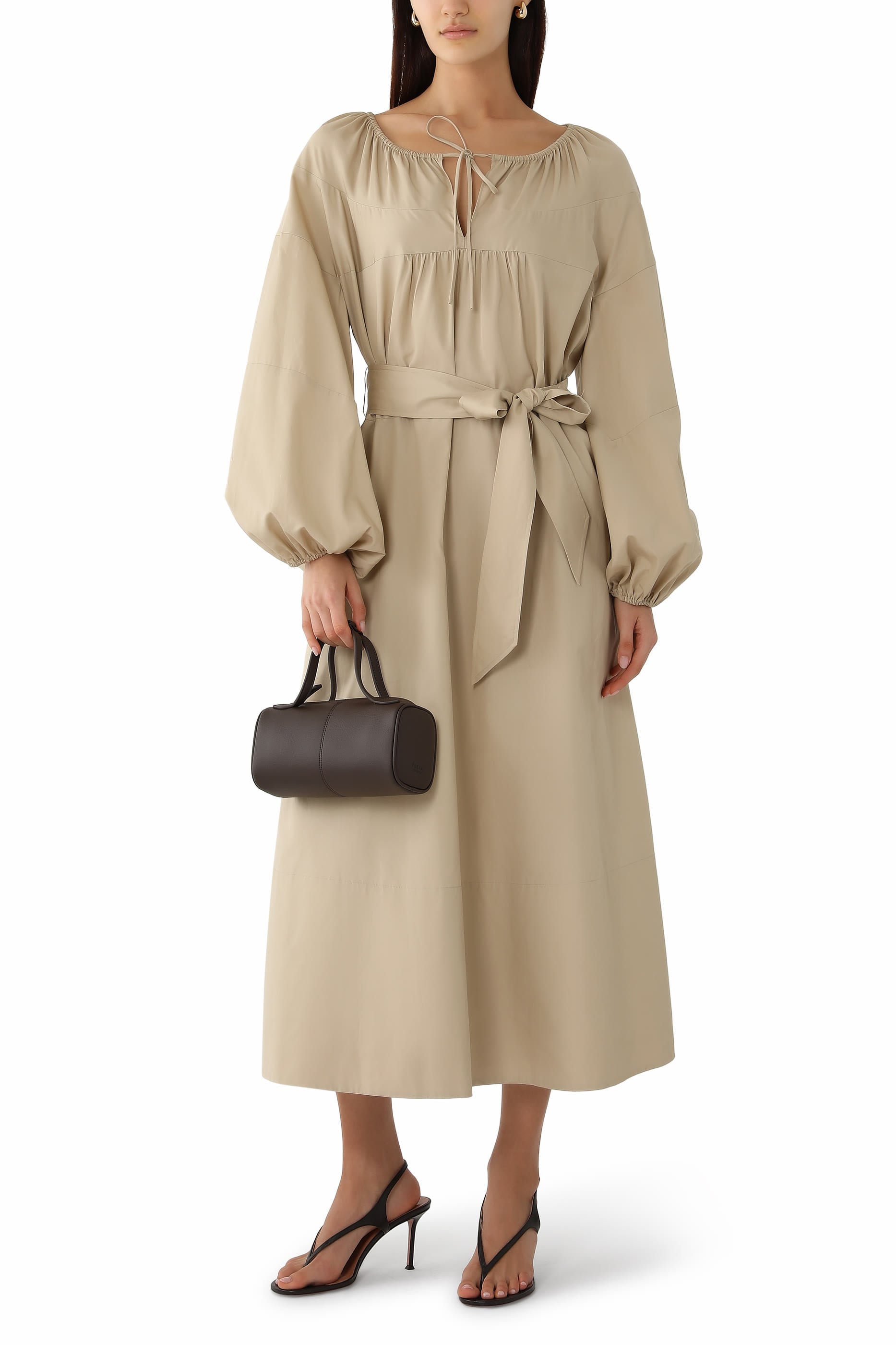 Shirred Cotton Belted Tie-Neck Dress