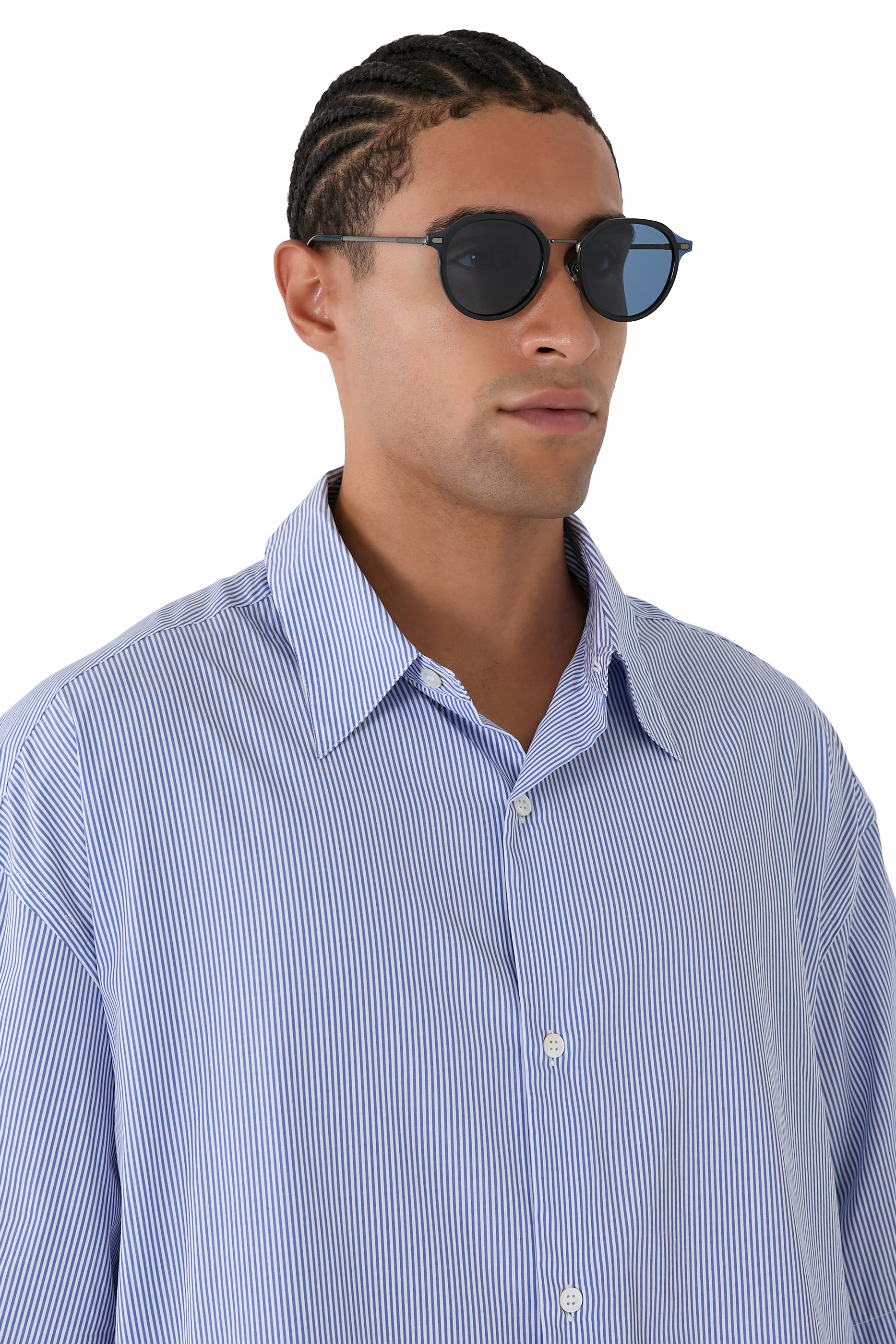 Round-Frame Metal Cross Hatch Temple Sunglasses