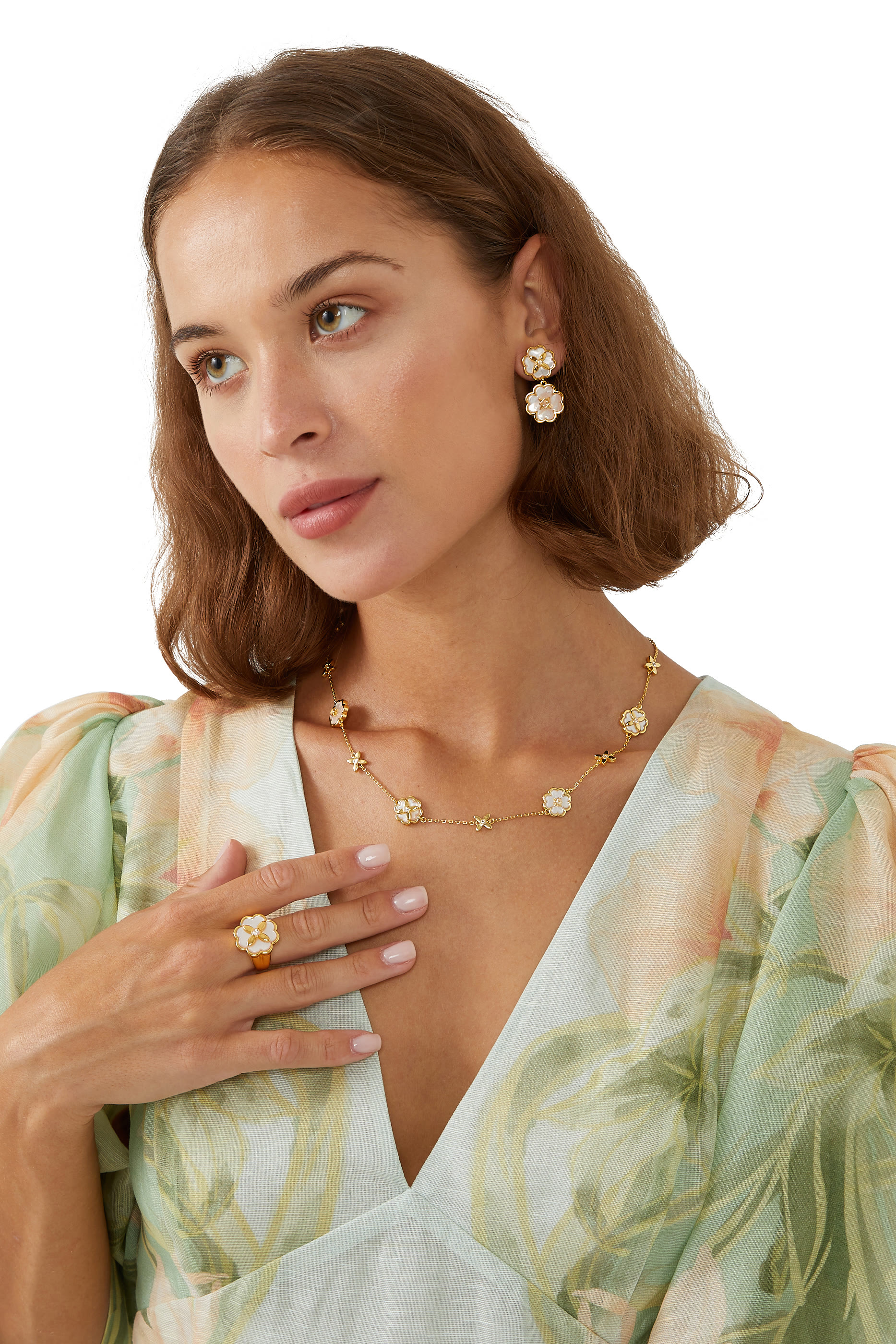 Heritage Bloom Drop Earrings, Plated Metal With Mother of Pearl & Cubic Zirconia